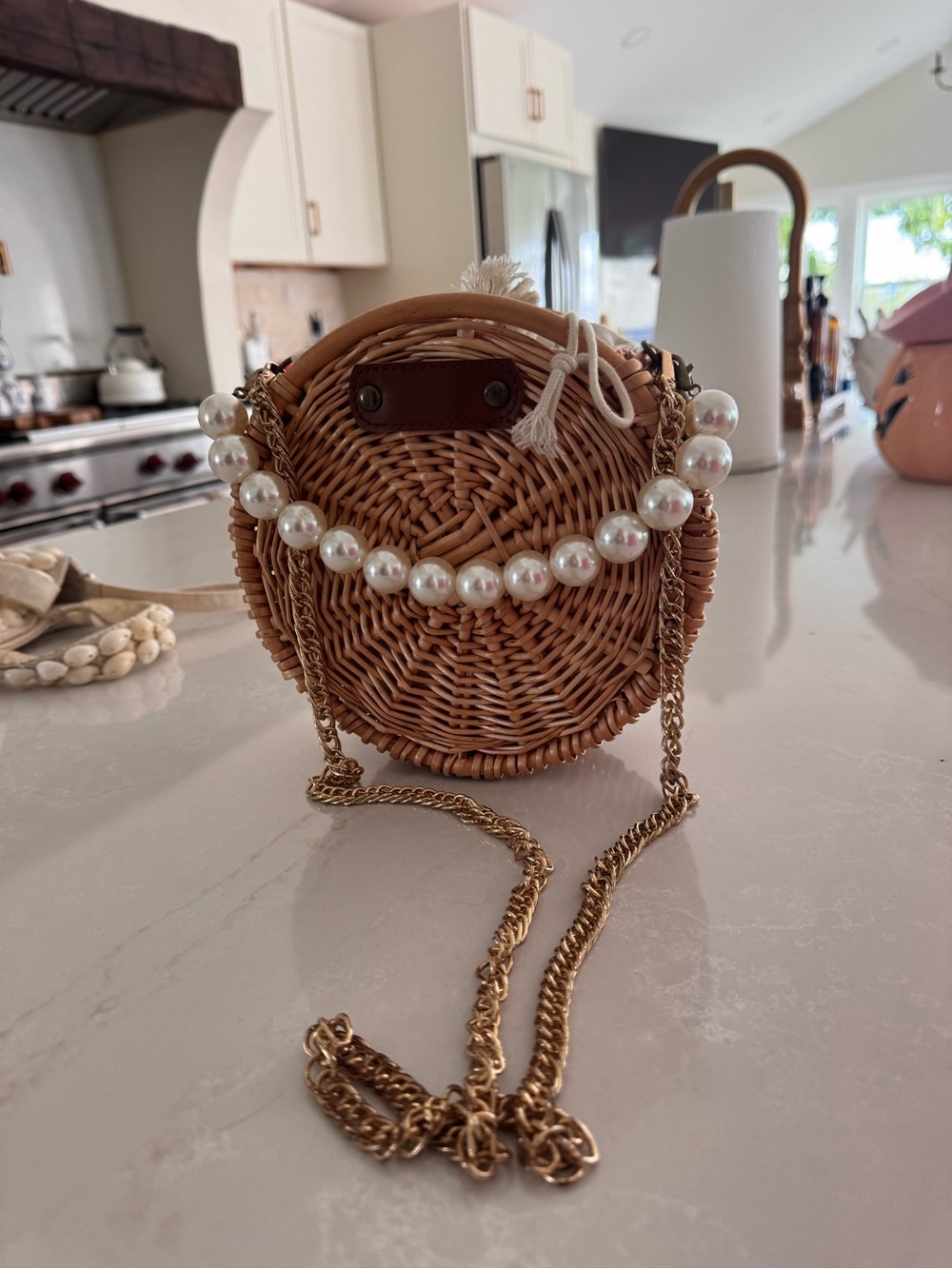 Woven Round Pearl-Trim Crossbody Bag - Brown